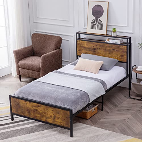 GAZHOME Twin Bed Frame, Platform Bed with 2-Tier Storage Headboard, Solid and Stable, Noise Free, No Box Spring Needed, Easy