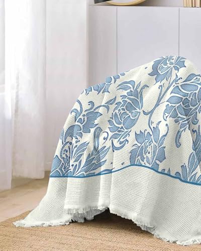 Couch Covers for Cushion Sofa, Blue Spring Floral Sofa Protector for 2 Cushion Couch Washable Dog Seat Cover, Ethnic Boho Vintage Botanical Tassel Sofa Covers for Sectional Slipcovers, L-71