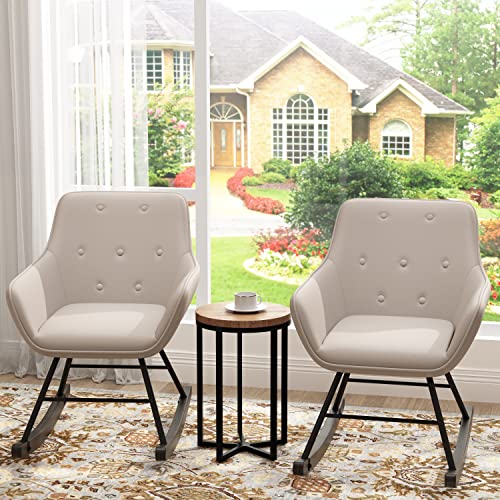 Aklaus Accent Chairs Set of 2,Upholstered Living Room Chairs with Solid Wood Legs,Comfy Single Side Chairs Arm Chairs Button Tufted Accent Rocking Chair for Living Room Bedroom Light Grey