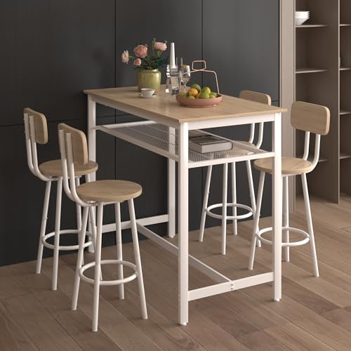 5 Piece Counter Height Dining Table Set, Heavy Duty Metal Kitchen Table Set with Storage Shelf and 4 Height Chairs, Modern Bar Table and Chairs Set for Kitchen, Dining Room, Bar, White Oak