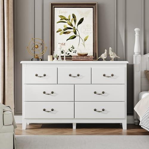6 Drawer Dresser for Bedroom, Chest of Drawers with Retro Metal Handle, Wood Double Storage Organizer Cabinet for Living Room, Hallway, Antique White