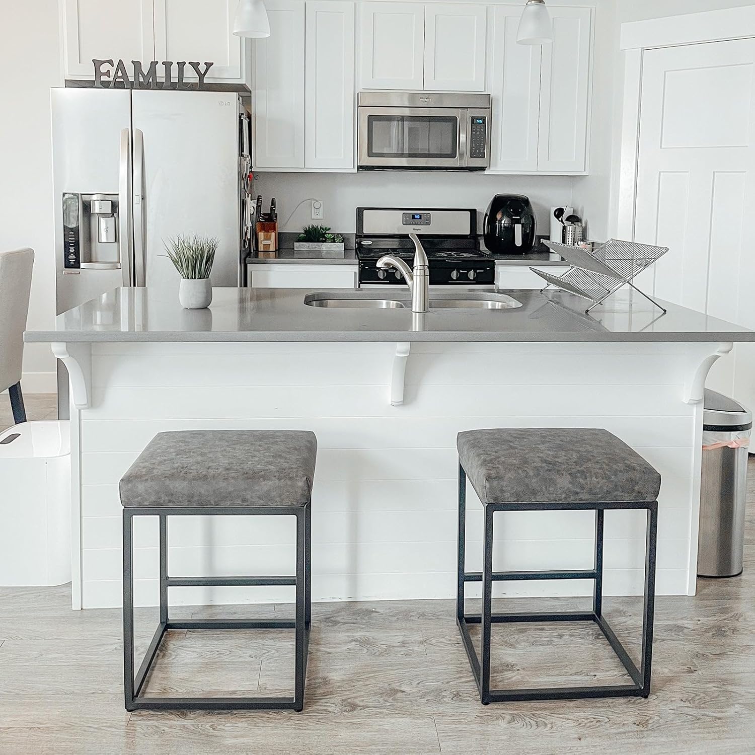 PHI VILLA Bar Stools set of 2 - Thick Cushion Bar Chairs Metal Steel Frame Base with Footrest, Counter Height 24'' Bar stools