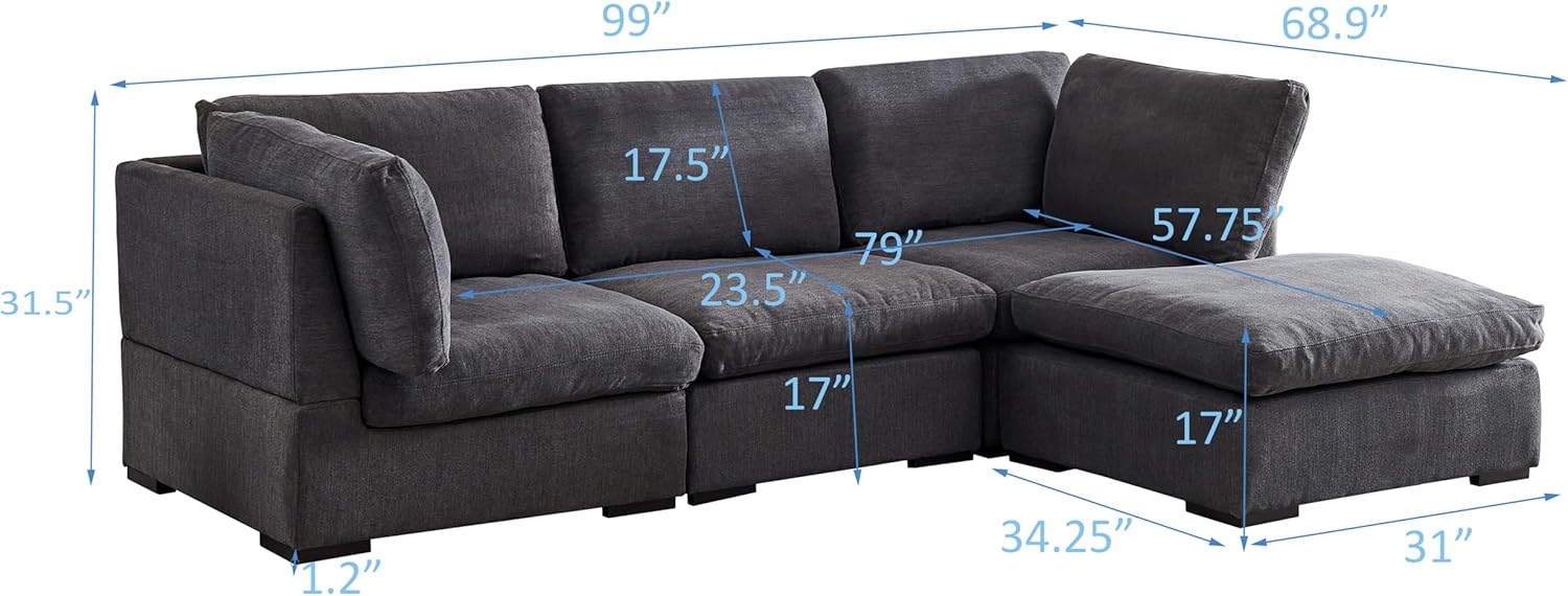 L Shape Modular Soft Fabric Sofa Filled with Down (Dark Grey)