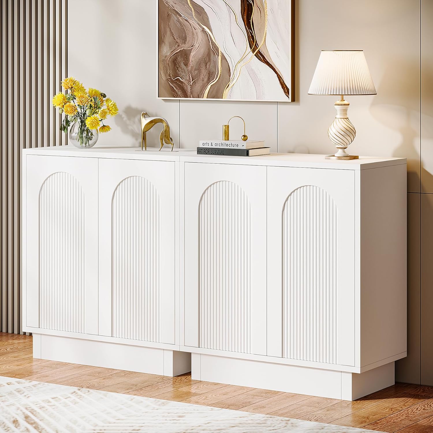 Tribesigns Sideboard Buffet Cabinet with Storage Set of 2, 57.4-Inch White Sideboard Cabinet Credenzas for Living Room, Modern Kitchen Cabinet Buffet Table for Dining Room