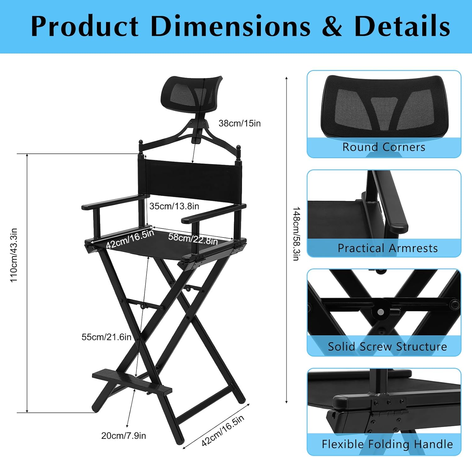 Makeup Artist Chair, Foldable Makeup Artist Stool Chair Professional Aluminum Makeup Chair with Head Rest Folding Directors Chair for Studio Salon Vanity, Black