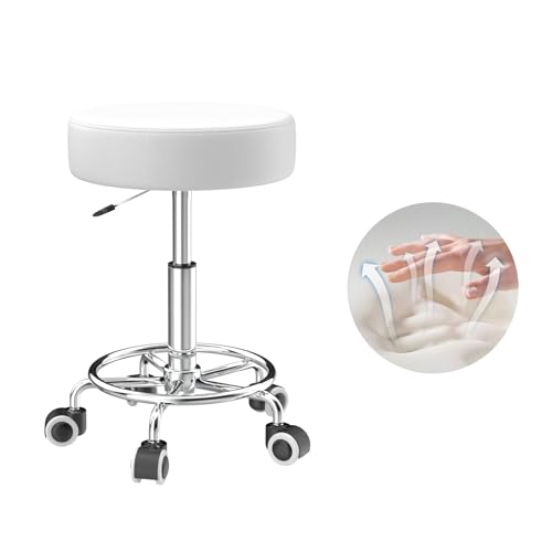 Rolling Stool, Heavy Weight Capacity 300lb, PU Leather Rolling stools, Ultra Soft Padded Seat, Rolling Stools with Wheels and Footrest, 360° Swivel, Spa Drawing Salon Work Office Tattoo Stool (White)