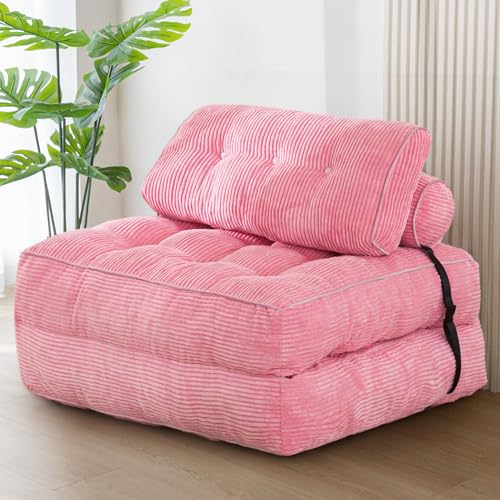 MAXYOYO Folding Sofa Bed, Convertible Sleeper Chair with Pilow Foldable Matress with Back Support, Portable Fold Out Chair Bed Comfy Floor Sofa Lounge for Living Room Bedroom, Pink, Single