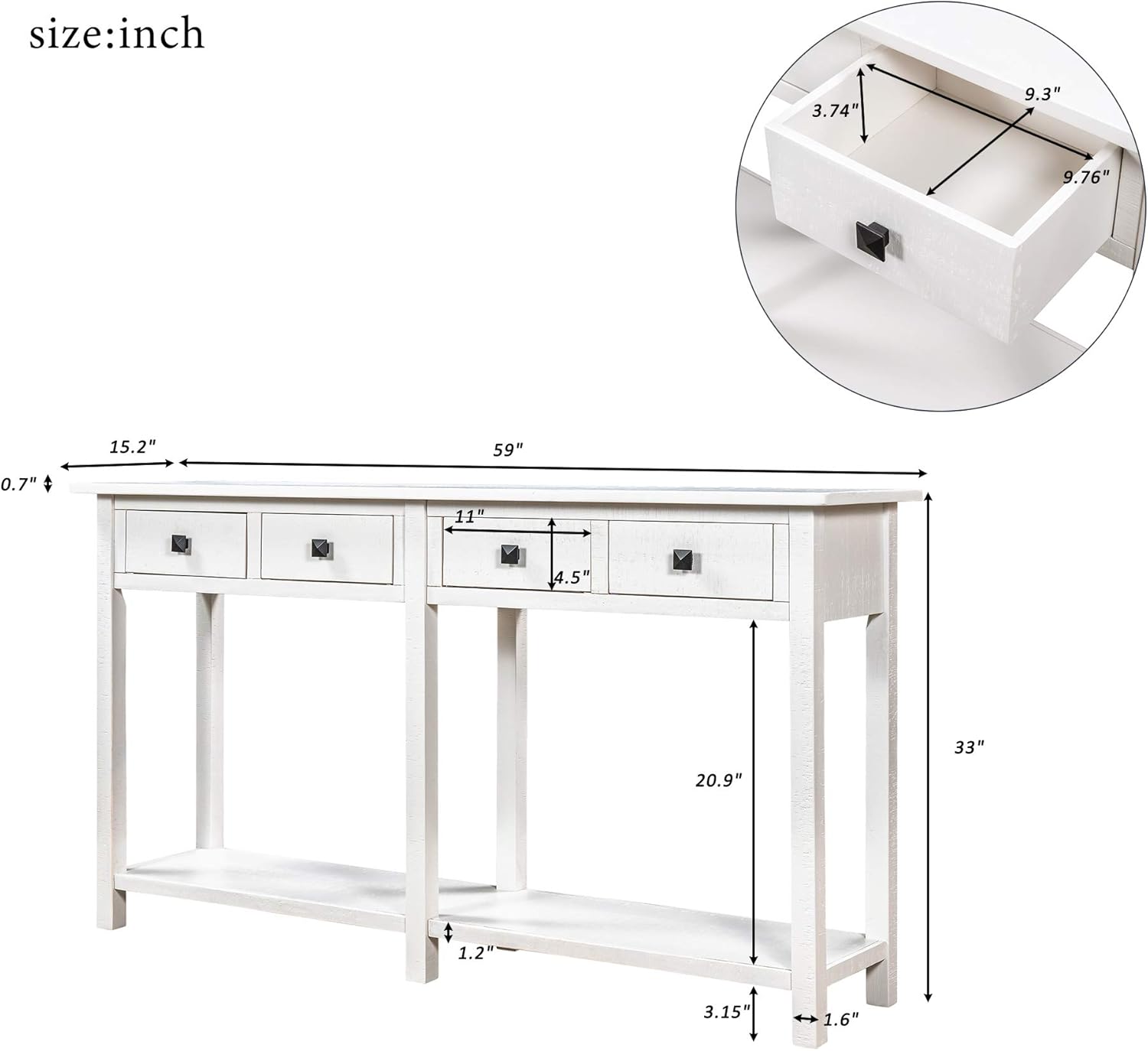 YUNLife&Home Rustic Brushed Texture Console Table, Entryway&Table with 4 Drawer and Bottom Shelf for Living Room, Entryway and Kitchen, 59