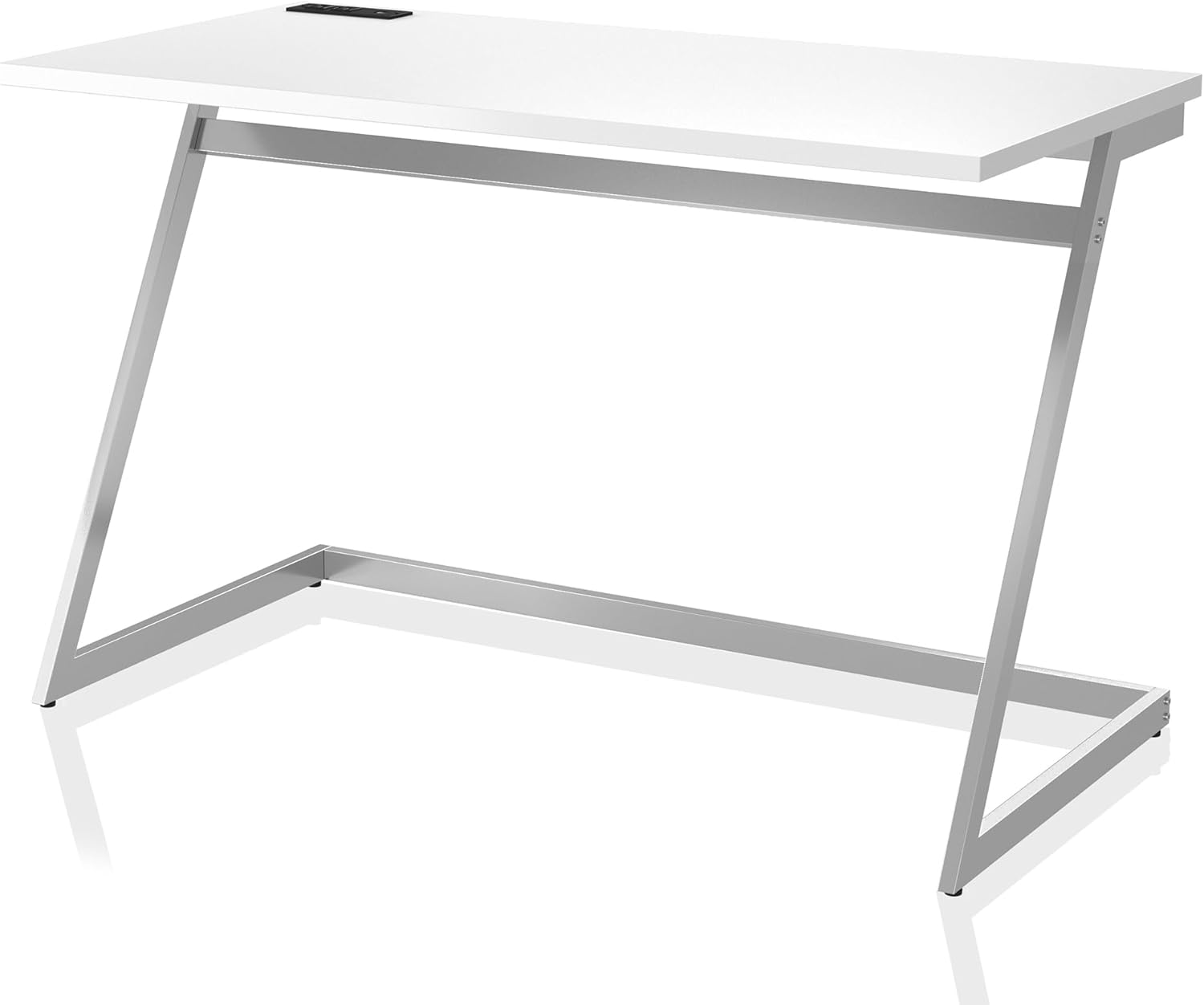 24/7 Shop at Home Andree Industrial Metal Writing Desk with USB Port, Power Outlet for Workstation, Home Office, Study Room, Gloss White and Chrome