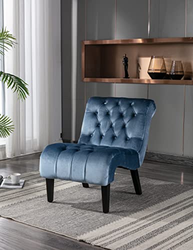 Armless Accent Chair, Upholstered Button Tufted Living Room Chairs with Wood Legs, Comfy Frosted Velvet Lounge Chair Reading Chair for Bedroom (Light Blue)