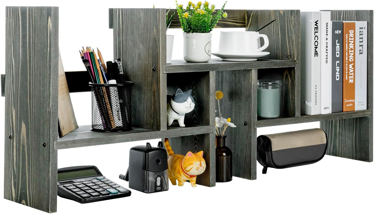 MyGift Adjustable Desktop Shelf, Deluxe Vintage Gray Solid Wood Stackable Multilevel Bookshelf Organizer Stand, Home or Office Desk Storage Shelving Rack