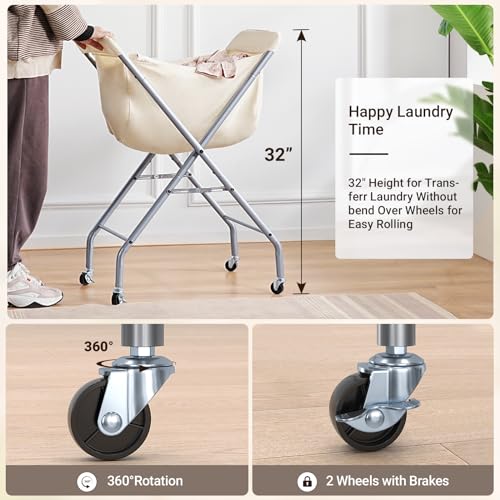 ELYKEN Laundry Cart with Wheels, 32”H Easy Rolling Laundry Hamper with Removable Liner Bag, Sturdy Metal Frame Clothes Basket with 4 Casters and 2 Brakes