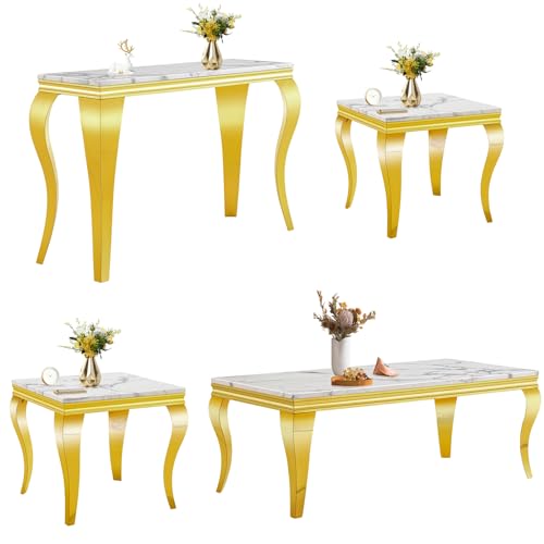 3-Piece Marble Living Room Table Set,Contemporary Coffee Table Set of 3 includes 1 Coffee Table and 2 End Tables with Stainless Steel Legs,Sofa Side Tables Perfect for Furniture (Gold)
