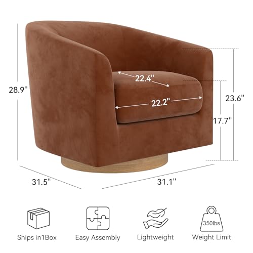 Swivel Accent Chair, Modern Upholstered Living Room Chair with Wooden Base & Arms, Fabric Swivel Barrel Curved Chair for Living Room, Bedroom, Guest Room, Ivory