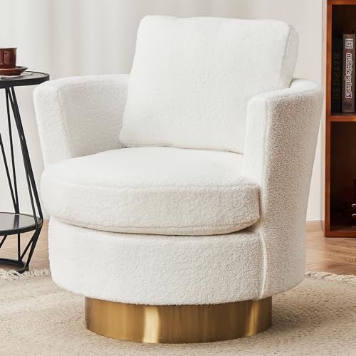 ODUWA Swivel Barrel Chairs,Modern Round Teddy Sherpa Arm Chair with Gold Stainless Steel Base,Upholstered Comfy 360 Degree Swivel Accent Chair for Living Room Bedroom Nursery