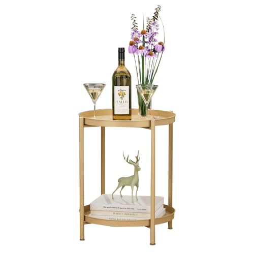 Tray Metal End Table，Folding Round Metal Side Table Waterproof，Round End Table with Removable Tray for Living Room Bedroom Balcony and Office (black-2 tier)