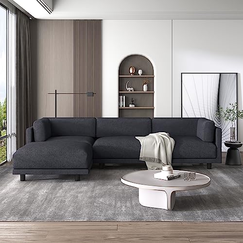P PURLOVE Sectional Sofa, L-Shape Upholstered Couch with Ottoman, Upholstery Convertible Sectional Sofa with Reversible Chaise, 3 Seat Sofa Couch for Living Room (Gray)