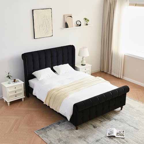 King Size Bed Frame, Velvet Upholstered Platform Sleigh Bed with Button Tufted Headboard & Footboard/Wingback, Metal Frame Wooden Slat Support Easy Assemble & Noiseless, Cream