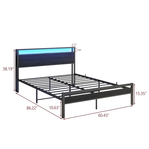 BOFENG Metal Bed Frame Twin Size,Black Wood Storage Headboard with Charging Station/LED Lights,Heavy Duty Metal Platform Bed Frames No Box Spring Needed,Strong Steel Slat Support