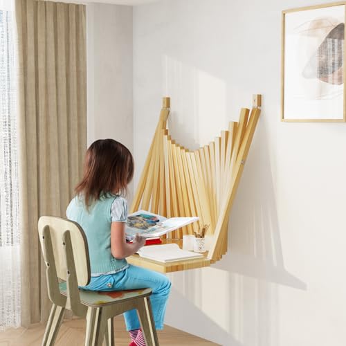 Wall Desk Mounted Folding Table, DIY Fold Down Desk, Handmade Wall Folding Desk, Foldable Table for Kids and Adults, Folding Table for Study, Floating Desk for Placing in Tight Spaces. (Wooden Color)