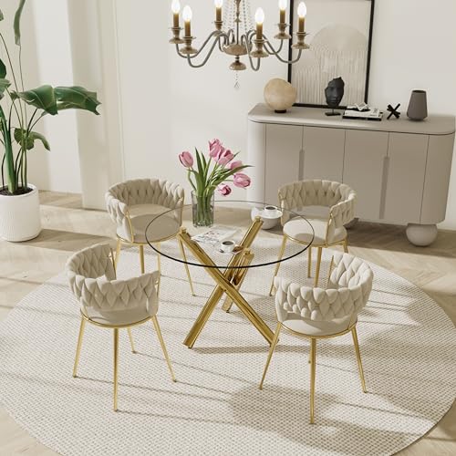 Round Glass Dining Room Table for 4 to 6 Person Modern Tempered Glass Top, Sturdy Chrome Legs, Adjustable Foot Pads, Kitchen Table for Living Room, Dining Room, Tea, Home, 47 Inch