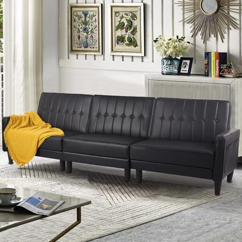 106”Futon Sleeper Sofa Bed Faux Leather Convertible Loveseat Tufted Mid-Century Modern Sofa Couch for Office/Livingroom/Small Space w/adjust Backrest/Side Pockets (Black, 3-Seater)