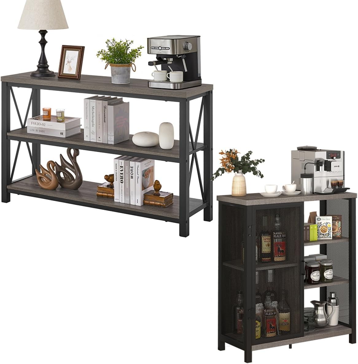 BON AUGURE Industrial Coffee Bar Cabinet for Home, Rustic Console Table Behind Couch, Wood and Metal Furniture Set for Living Room(Gray Oak)