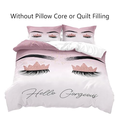 VIVIHOME 3PCS Hello Gorgeous Bedding Set, Duvet Cover Queen, Silver Glitter Bling Makeup Eyelash Girly Fashion Glam Pink Bedding, Comforter Cover Pink Room Decor Bedroom Decor for Women, 2 Pillowcases