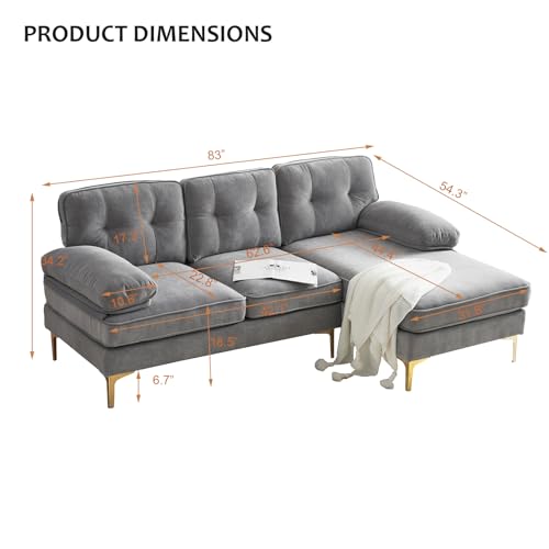 KIVENJAJA 83” L Shaped Sectional Couch, Mid Century Modern Velvet Small Sofa with Left Chaise & Tufted Backrest for Living Room Apartment Office, Blue