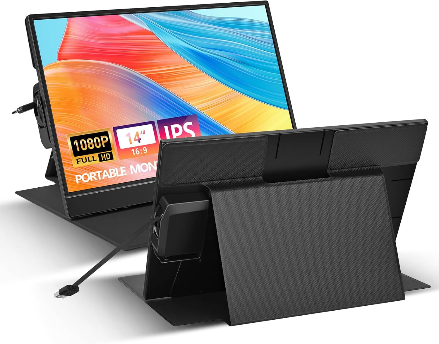 Portable Monitor for Laptop, 14 Inch 1080P FHD IPS USB C Second Screen Extender, Travel Monitor with USB A Smart Cover Speakers for Laptop