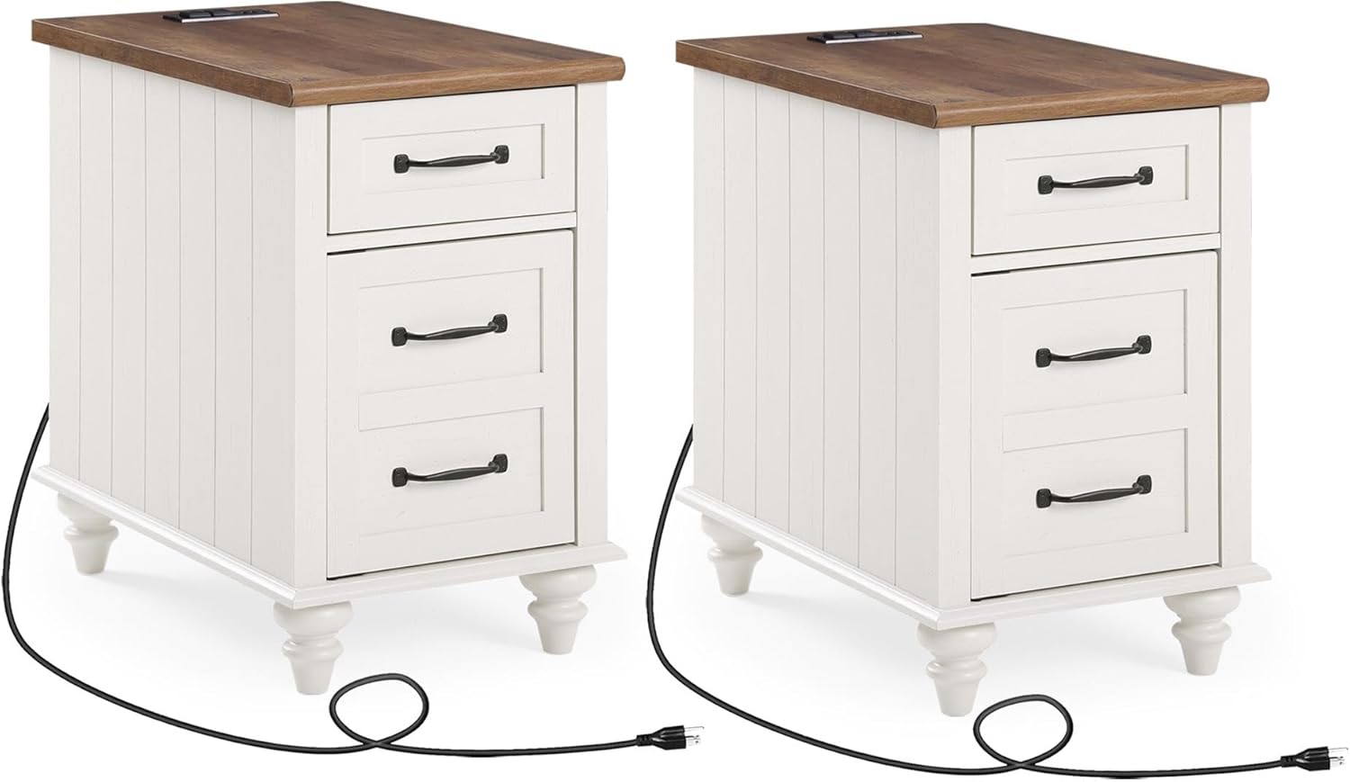 WAMPAT 2 Pack White End Table with Charging Station, Wood Side Sofa Table with Drawer and Storage Cabinet, Modern Nightstand with Power Outlets & USB Ports for Living Room, Bedroom