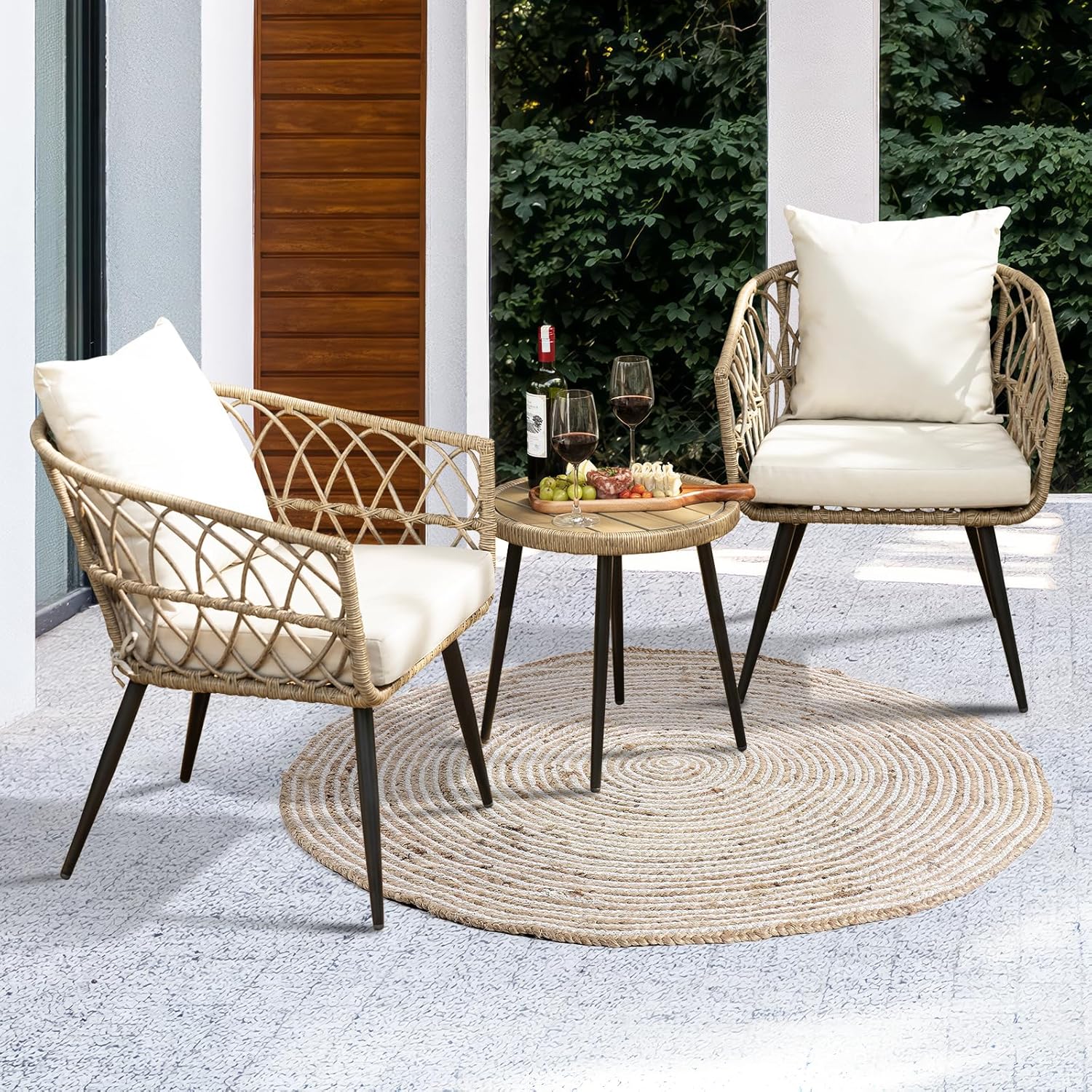 Pierre 3 Piece Modern Rattan Boho Patio Furniture, Upgraded 2000 Hours UV Resistant Bistro Set with Premium Olefin Fabric Soft Cushions, Metal Wicker Design