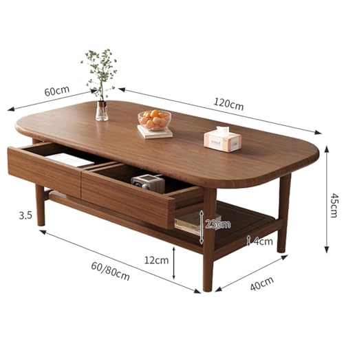 2-Tier Coffee Table, Mid Century Solid Wood Oval Center End Table, with 2 Drawers and Open Storage Shelf, for Living Room, Apartment,B