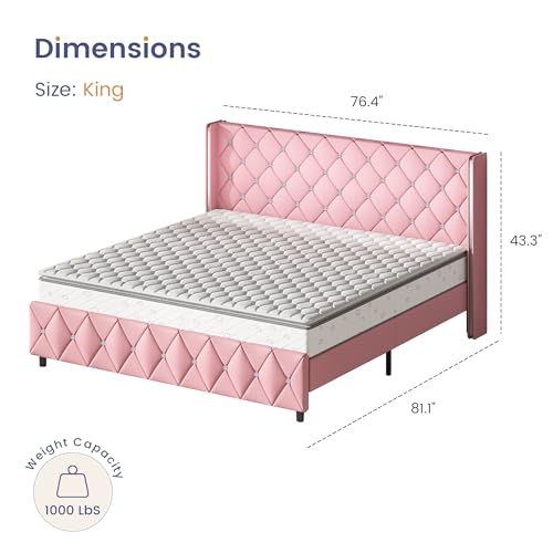 Modern Upholstered Queen Bed Frame with Diamond Headboard, Faux Leather Low Profile Platform Bed Frame, Adjustable Crystal Button Tufted Headboard, Strong Wood Slat Support, Easy Assembly, White