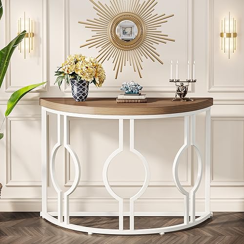 Tribesigns Half Moon Console Table for Entryway, 43 Inch Industrial Semi Circle Sofa Table with Geometric Base, Wood Accent Table for Living Room, Hallway, Foyer, Entrance, Grey