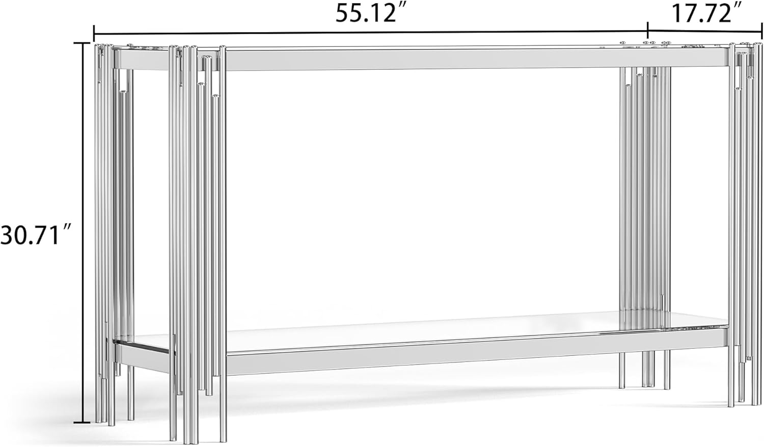 2-Tier Tempered Glass Console Table with Storage Shelf for Apartment Living Room, Modern Rectangle Silver Mirror Finished Stainless Steel Console Table