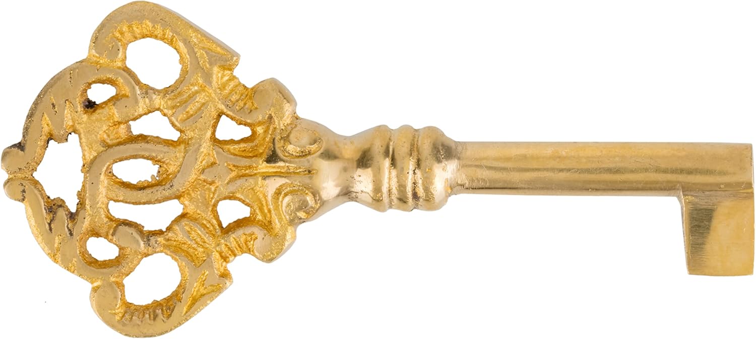 KY-9 KEY SOLID BRASS ANTIQUE SKELETON KEY FANCY KEY + FREE BONUS (SKELETON KEY BADGE)