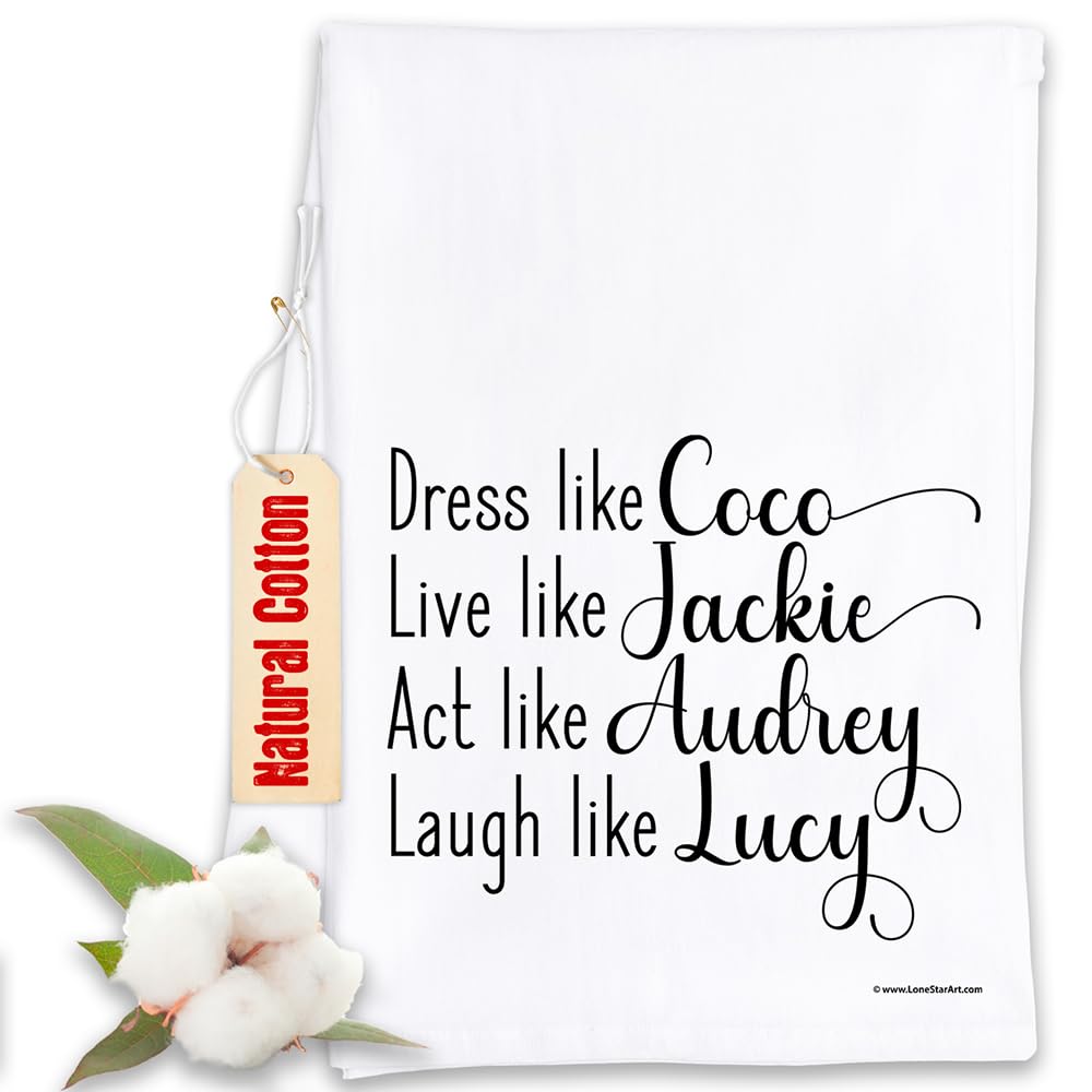 Dress Like Coco, Live like Jackie, Act Like Audrey, Laugh like Lucy- Tea Towels - Funny Kitchen Towels Decorative Dish Towels Housewarming Kitchen Gifts - Multi-Use Cute Kitchen Towels-Gifts for Women