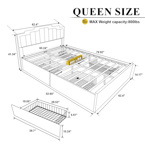 Queen Size Bed Frame with 4 Storage Drawers, Upholstered Platform Bed with LED Light and Adjustable Headboard, Wooden Slats Support, No Box Spring Needed, Light Luxury Design,Grey
