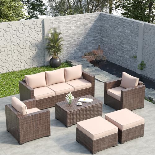 Amopatio Patio Furniture Set, Outdoor Patio Furniture Wicker Rattan Sofa, Outdoor Sectional with Ottomans, Patio Set for Backyard Porch Balcony Furniture (Grey)