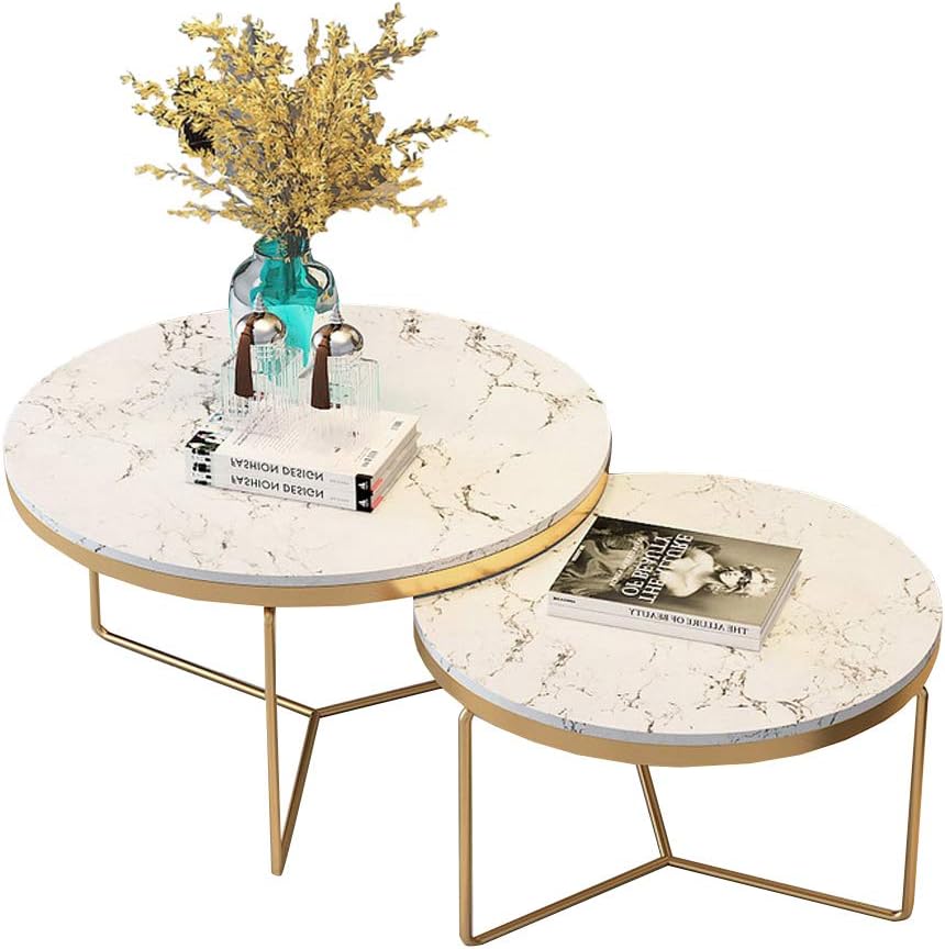 Set of 2, Nest of Tables - Nesting Tables Coffee Table Modern Design Living Room Table - White Marble Top and Gold Metal Legs