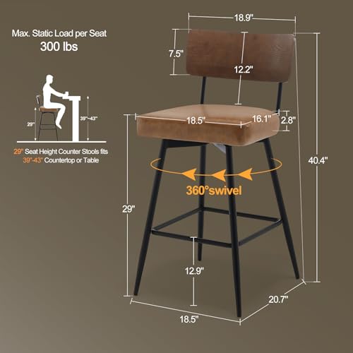 Counter Height Swivel Bar Stools Set of 3, Upholstered Faux Leather Barstools with Wood Backs and Metal Legs, 26