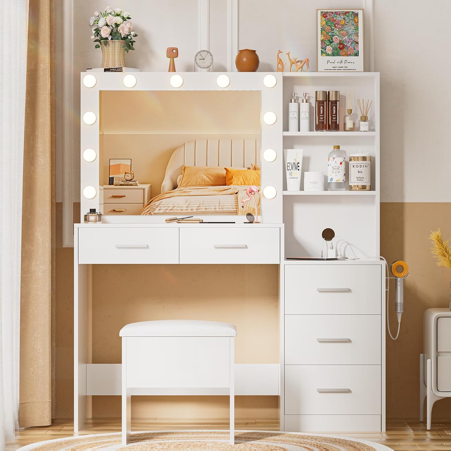 Makeup Vanity Desk with Mirror and Lights,Power Outlet, Makeup Table with Drawers & Open Storage Shelves,Storage Stool,Dressing Vanity Tables for Women Girls, Bedroom, White