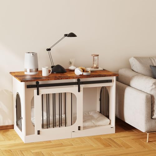 XL Dog Kennel Furniture,39.4 Inch Farmhouse Crate Furniture with Cushion Decorative White Dog Kennel Indoor Thick Wooden Pet House End Table Modern Cage Furniture for Small/Medium/Large Dog