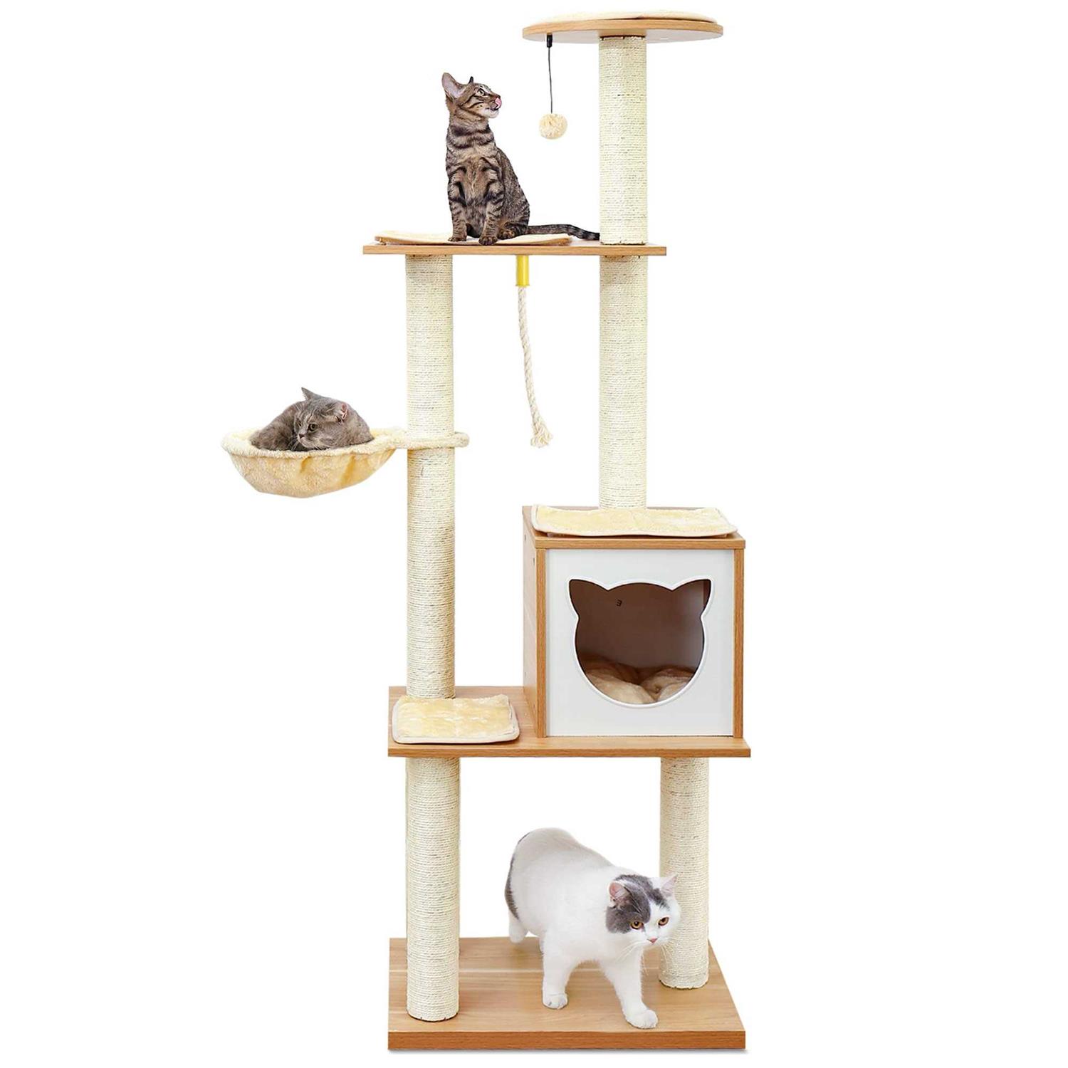 MADE 4 PETS Made4Pets Cat Tree for Indoor Cats Modern Cat Tower 65 Tall Wood Kitten Condo with Hammock for Small Large Cats - Pet Supplies online store