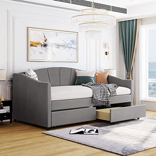 Twin Size Upholstered Daybed with Two Drawers, Elegant Velvet Fabric Sofa Bed with Wood Slat Suppot for Living Room Bedroom, No Box Spring Needed (Gray+Two Drawers+Velvet)
