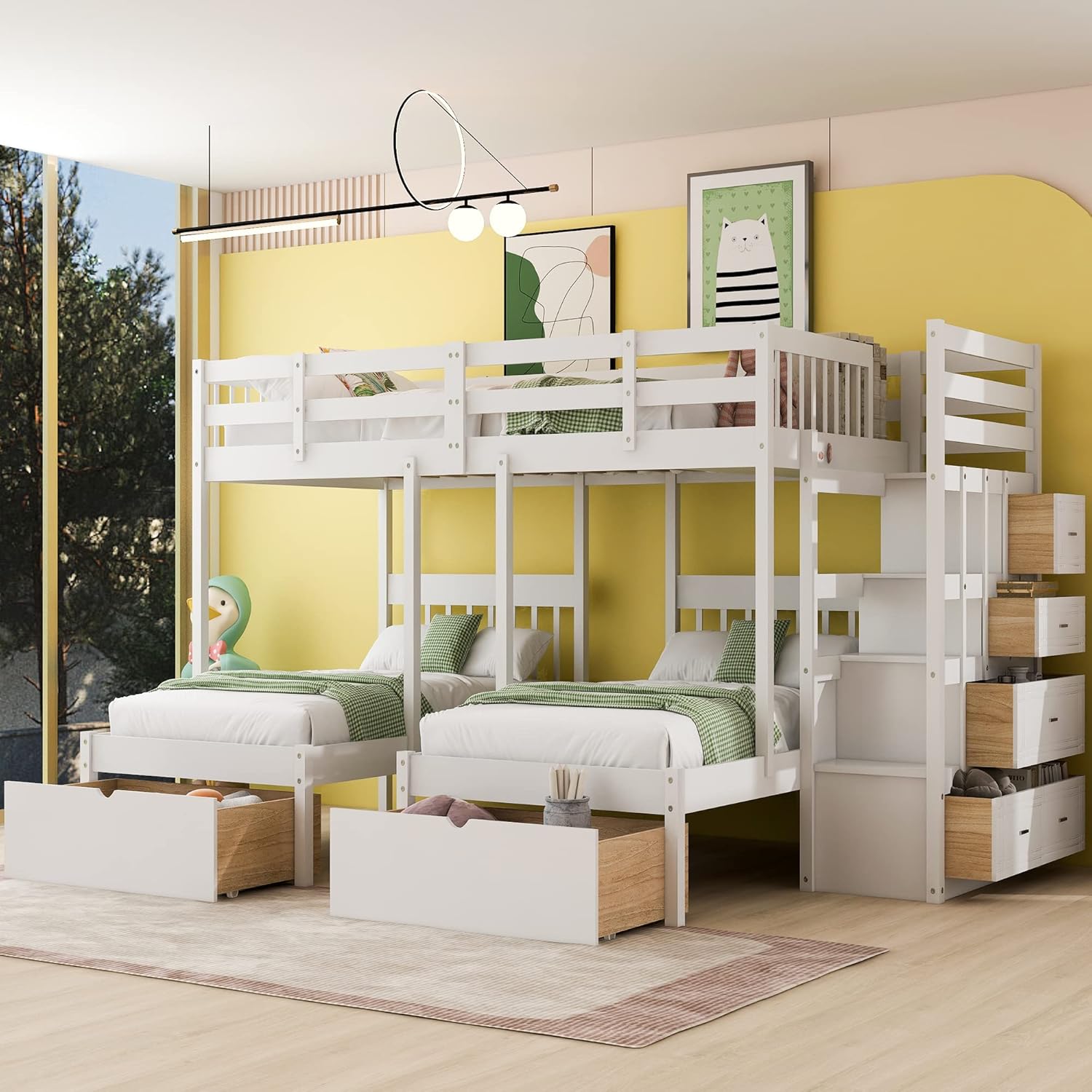 SOFTSEA L-Shaped Triple Bunk Beds with Staircase Corner Bunk Bed with 2 Storage Drawers, Full Over Twin & Twin Bunk Beds for Kids, Triple Bunk Beds with Stairs and Drawers