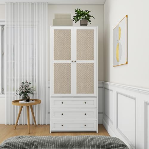 Wood Wardrobe White Armoire Closet with Mirror, Tall Closet Storage Cabinet with Hanging Rod and Induction Light, for Bedroom, Laudry