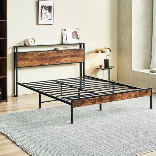 Full Size Bed Frame with Charging Station, Platform Bed Frame with Storage Headboard, Easy Assembly, No Box Spring Needed (Brown)