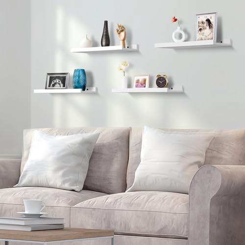 Floating Shelves for Wall Set of 4, Display Wall Shelves for Wall Decor, Wall Mounted Bathroom Shelves with Lip, Modern Picture Ledge Shelf for Bathroom,Bedroom,Living Room Decor-Natural Wood